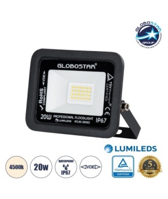 GLOBOSTAR® ATLAS 61411 Προβολέας LED 20W 2400lm 120° AC 220-240V Αδιάβροχο IP67 Φυσικό Λευκό 4500K - Lumileds SMD Chip - TÜV Rheinland Certified - Μαύρο Ματ - Μ12 x Π2.5 x Υ9.5cm - 5 Χρόνια Εγγύηση